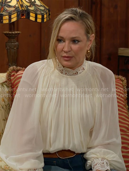 Sharon's white lace-neck blouse on The Young and the Restless