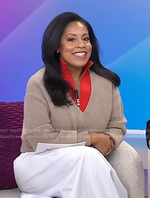 Sheinelle's beige and red layered sweater and white skirt on Today