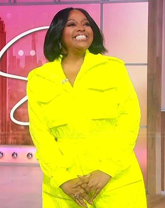 Sherri's neon yellow quilted jumpsuit on Sherri