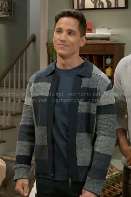 Smitty's blue patchwork cardigan on Beyond the Gates