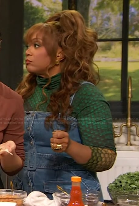 Sunny Anderson's printed top and denim dress on The Drew Barrymore Show
