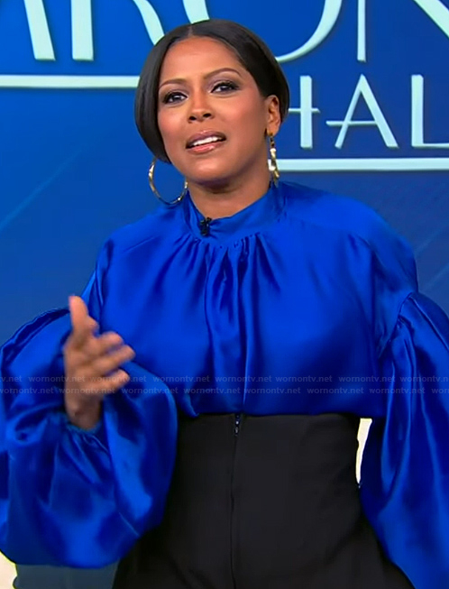 Tamron's blue balloon sleeve blouse on Tamron Hall Show