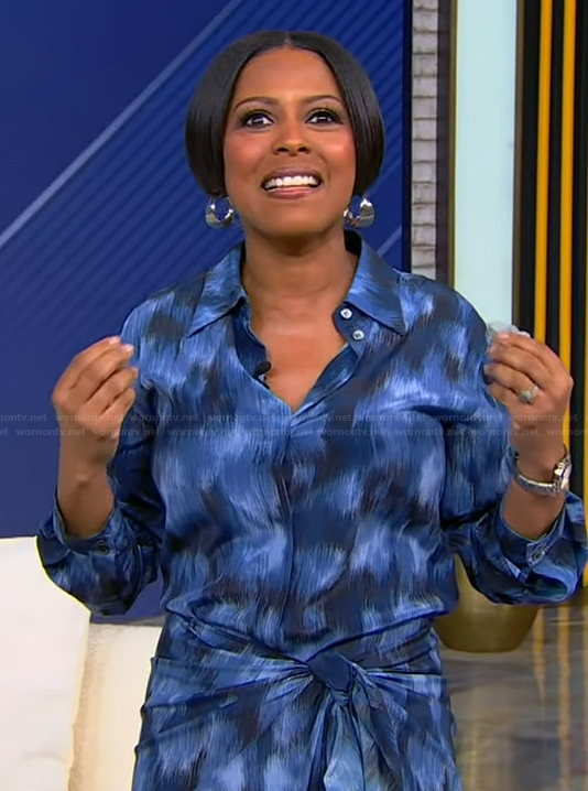 Tamron's blue tie front shirtdress on Tamron Hall Show