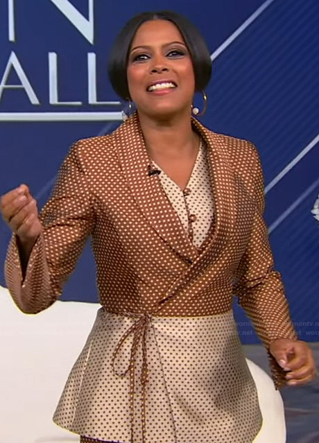 Tamron's brown polka dot print blazer and pants on Tamron Hall Show