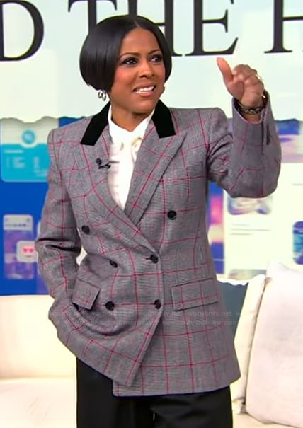 Tamron's gray check double breasted blazer on Tamron Hall Show