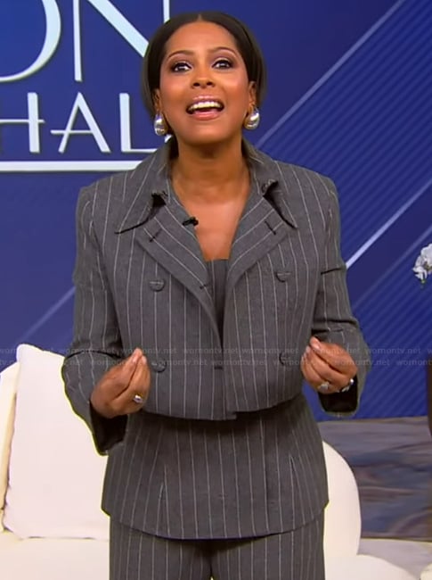 Tamron's gray pinstripe vest and blazer on Tamron Hall Show