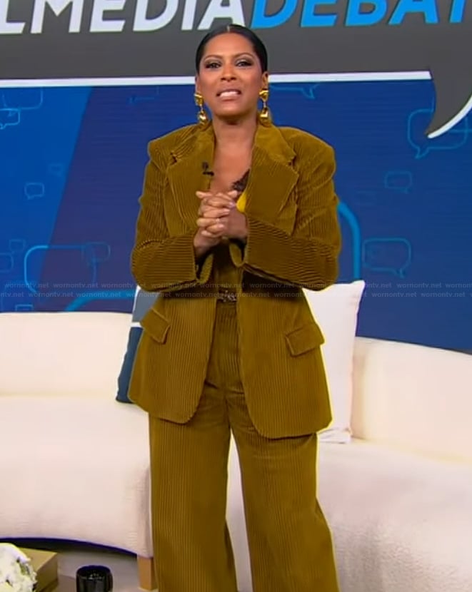 Tamron's mustard corduroy blazer and pants on Tamron Hall Show