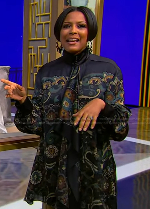 Tamron's paisley print tie neck mini dress on Tamron Hall Show