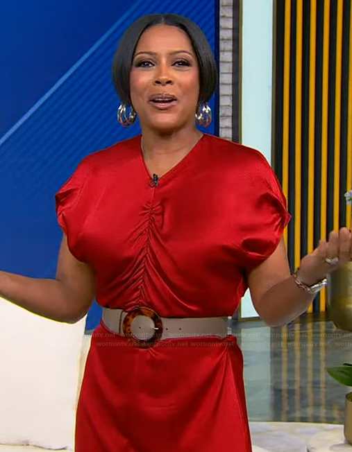 Tamron's red ruched dress on Tamron Hall Show