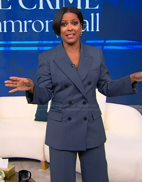 Tamron's striped double breasted blazer on Tamron Hall Show
