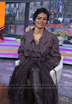 Teyana Taylor's purple print fringed trench coat and boots on Today