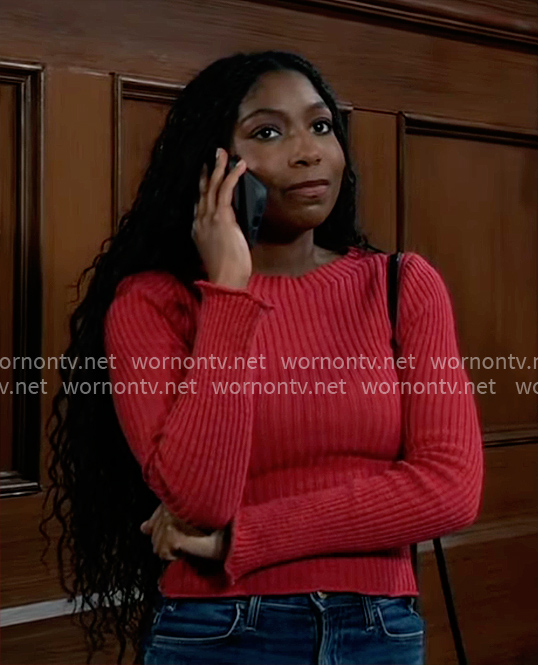 Trina's dark pink ribbed sweater on General Hospital