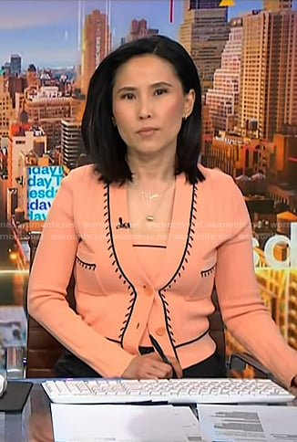 Vicky's pink contrast trim top and cardigan on NBC News Daily