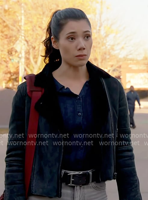 Violet's navy shearling lined moto jacket on Chicago Fire