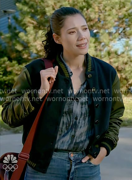Violet's tie-dye shirt and navy and green bomber jacket on Chicago Fire
