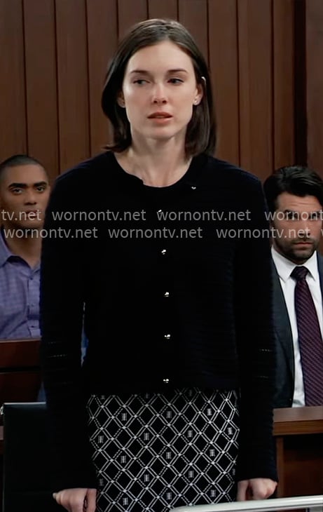 Willow's geometric print dress and knit cardigan on General Hospital