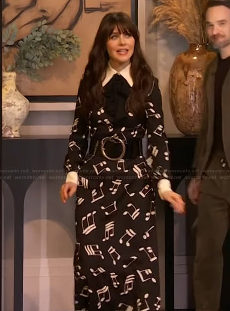 Zooey Deschanel's black musical print dress on The Drew Barrymore Show