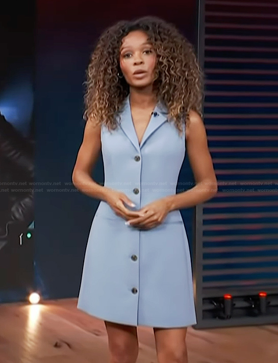 Zuri's blue button fornt mini dress on Access Hollywood