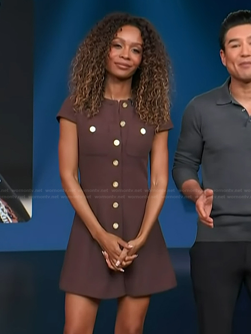 Zuri's brown button front mini dress on Access Hollywood
