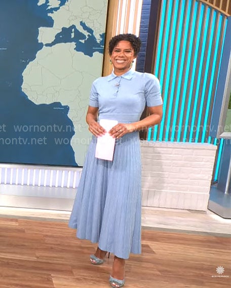 Adriana Diaz's powder blue polo top and maxi skirt set on CBS Mornings