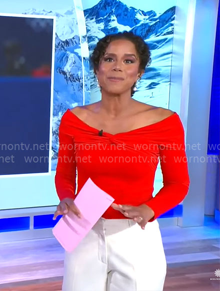 Adriana Diaz's red off-shoulder top on CBS Mornings