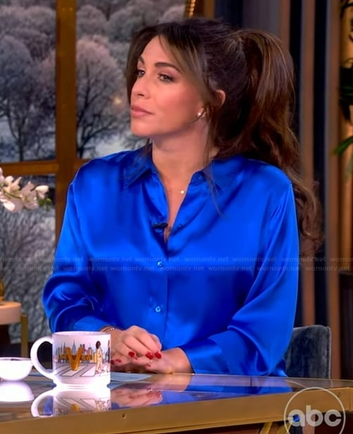 Alyssa's blue satin blouse on The View