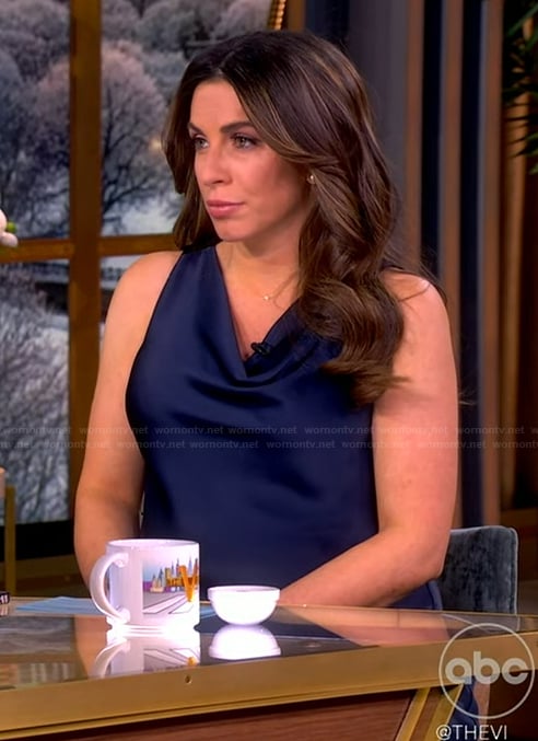 Alyssa's navy satin cowl neck dress on The View