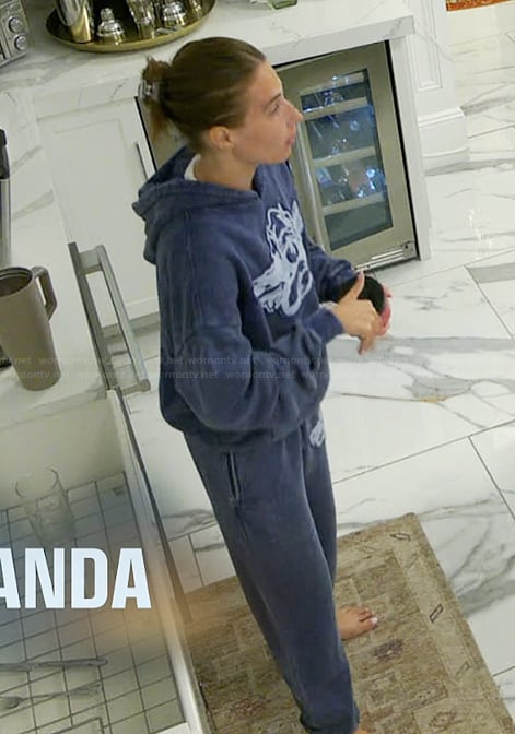 Amanda's blue embroidered hoodie and sweatpants on Summer House