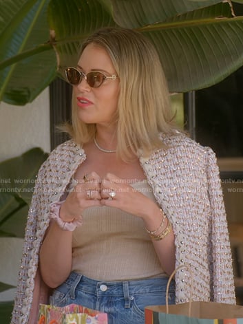 Amanda's pink tweed jacket and jeans on The Real Housewives of Beverly Hills