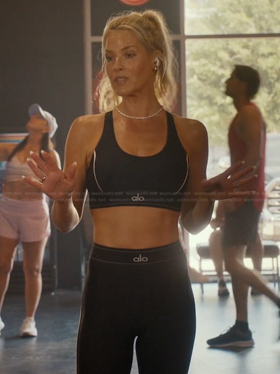 Angela's black alo sports bra and leggings on Landman