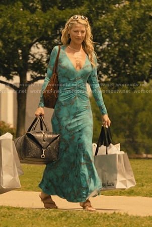 Angela's blue printed v-neck dress on Landman