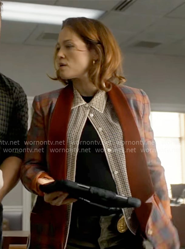 Angie's plaid blazer with velvet lapel and houndstooth shirt on Will Trent