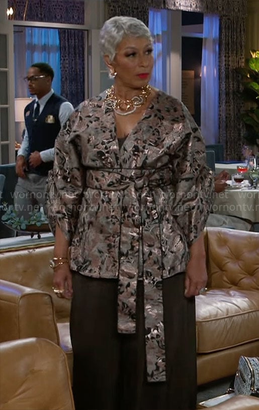 Anita's printed jacquard belted jacket on Beyond the Gates