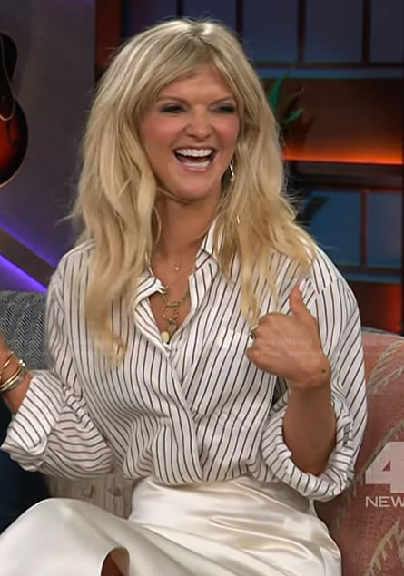 Arden Myrin's striped blouse and skirt on The Kelly Clarkson Show