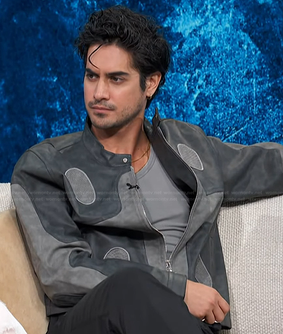 Avan Jogia's gray suede jacket on Access Hollywood