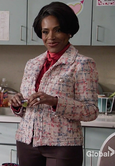 Barbara's tweed plaid jacket on Abbott Elementary
