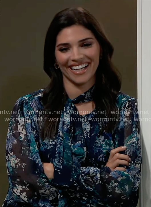 Brook Lynn's blue floral tie-neck blouse on General Hospital