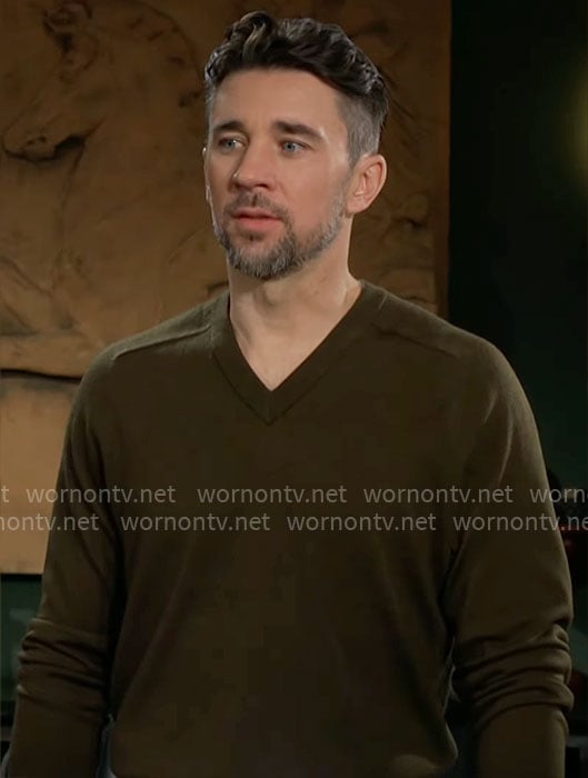 Cane's olive green v-neck sweater on The Young and the Restless