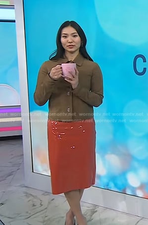 Chloe Kim's suede jacket and orange skirt on Today
