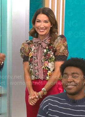 Courtney Cason's floral tie-neck blouse on CBS Mornings