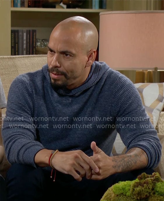 Devon's blue striped hoodie on The Young and the Restless