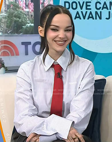 Dove Cameron's striped shirt and grey pencil skirt on Today