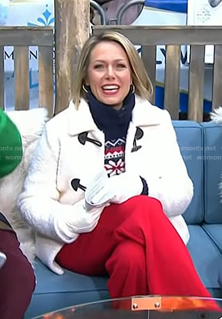 Dylan's navy print turtleneck sweater and white toggle jacket coat on Today
