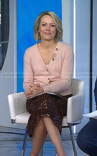 Dylan's pink cardigan and brown sequin skirt on Today