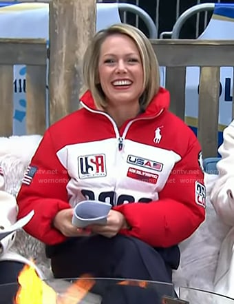 Dylan's red, white and navy puffer jacket on Today