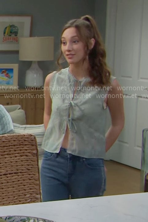 Dylan's sage green tie front top on The Bold and the Beautiful