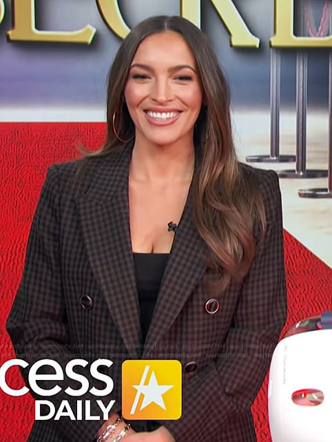 Emily's gingham check double breasted blazer on Access Hollywood
