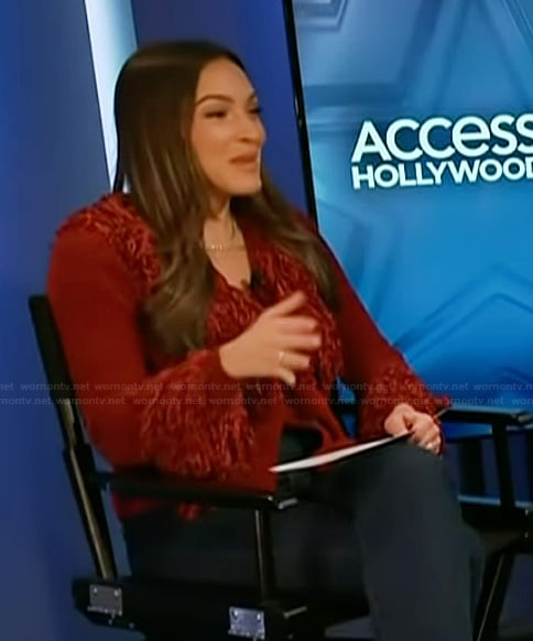 Emily's red fringe detail cardigan on Access Hollywood
