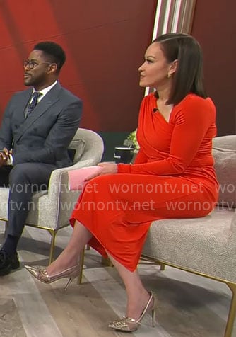 Eva Pilgrim's red asymmetric neckline dress on CBS Mornings