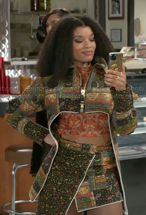 Eva's patchwork print jacket and skirt set on Beyond the Gates